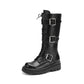 Round Toe Buckle Straps Lace-Up Platform Mid Calf Boots for Women