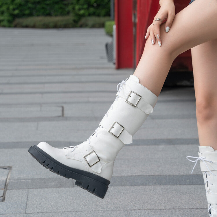 Round Toe Buckle Straps Lace-Up Platform Mid Calf Boots for Women