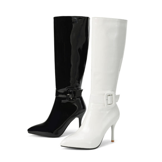 Glossy Pointed Toe Stiletto Heel Knee High Boots for Women