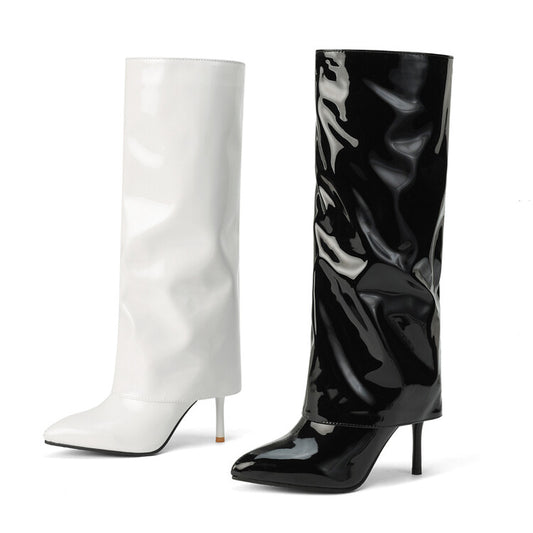 Fold Pointed Toe Stiletto Heel Mid Calf Boots for Women