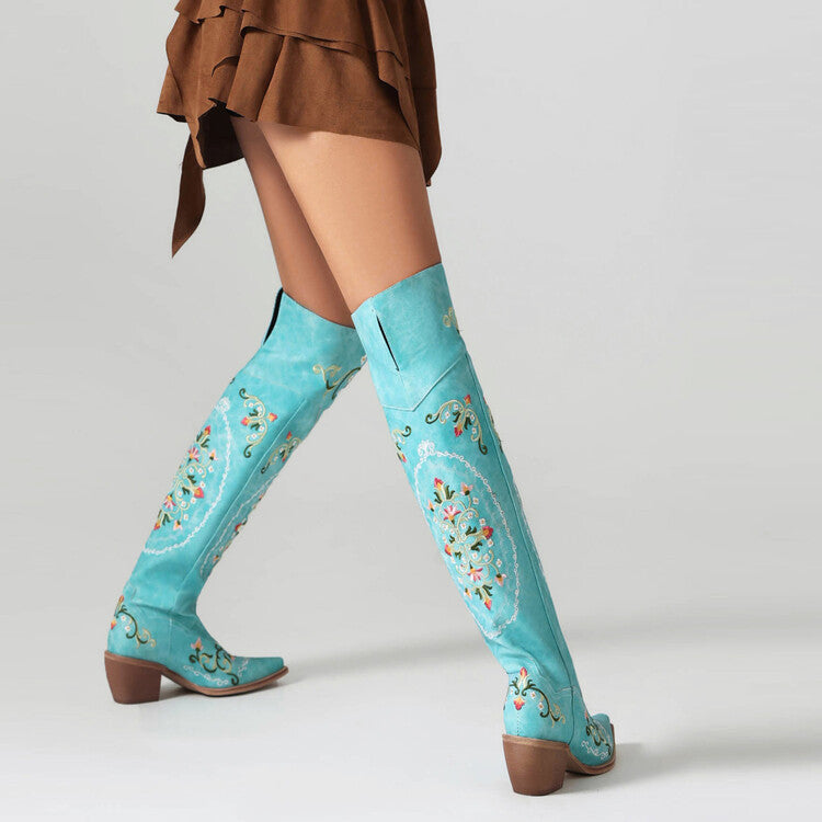 Oriental Embroidery Pointed Toe Beveled Heel Over-The-Knee Boots for Women