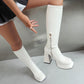 Side Zippers Square Toe Chunky Heel Platform Knee High Boots for Women