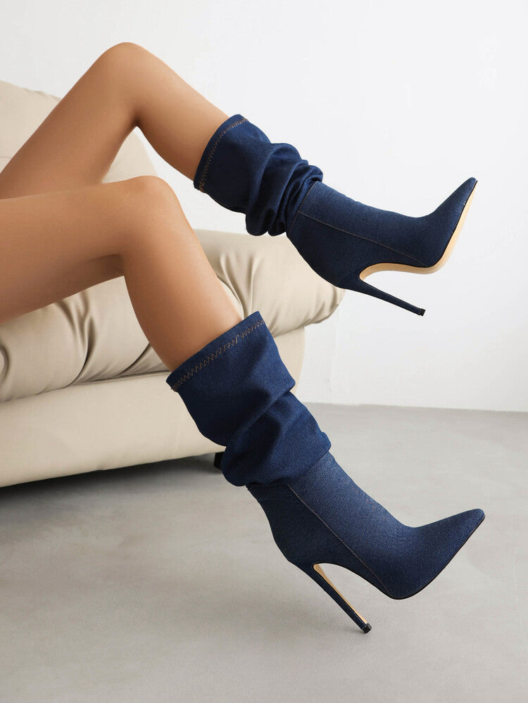 Slouch Western Boots Cowboy Stiletto Heel Pointed Toe Mid-calf Boots for Women
