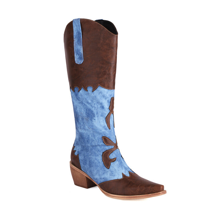 Western Pointed Toe Tie-Dye Beveled Heel Mid-calf Boots for Women