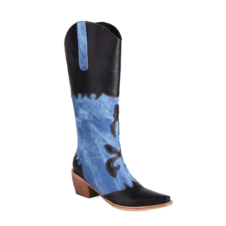 Western Pointed Toe Tie-Dye Beveled Heel Mid-calf Boots for Women