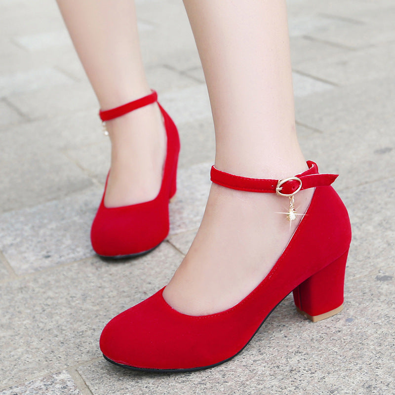 Round Toe Ankle Strap Women Pumps Chunky Heel Pumps 1959