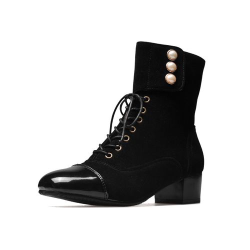 Women Lace Up Pearl Low Heels Short Boots