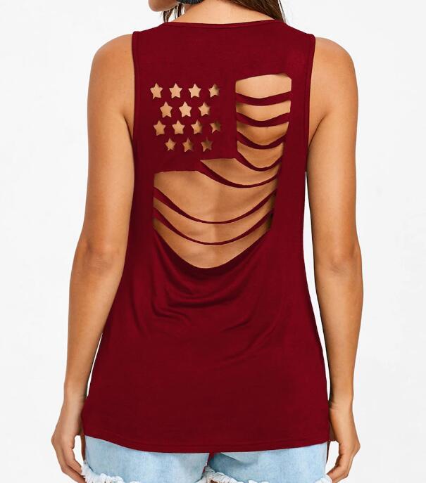American Flag Cutout Back Sleeveless Women T shirt 7482