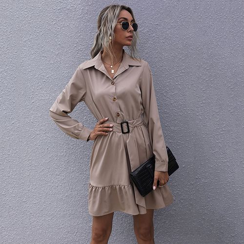 Women Solid Color Pleated Long Sleeved Dress with Belt