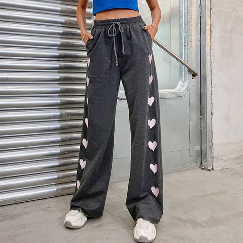 Womens Love-shaped Printed Drawstring Sports Pants
