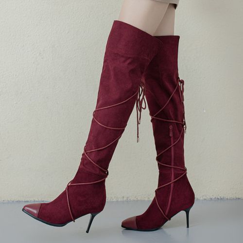 Women Pointed Toe Suede High Heels Knee High Boots