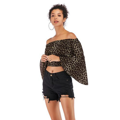 Sexy Off Shoulder Leopard Print Short   Women Chiffon Shirt Blouses