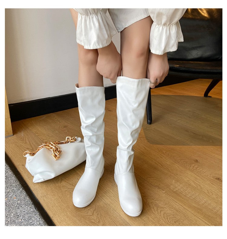 Women Knee High Boots Soft Leather Wedges Shoes Woman 2016 3395