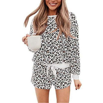 Women Velvet Leopard Print Long-sleeved Tops Shorts Home 2pcs Suit