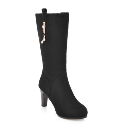 Women Mid Calf Boots Platform Black Rhinestone High Heels Shoes Woman 2016 3561