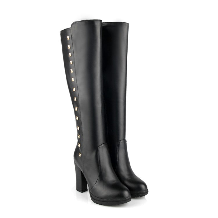 Studded Zipper Black Thigh High Boots Platform High Heels Shoes Woman
