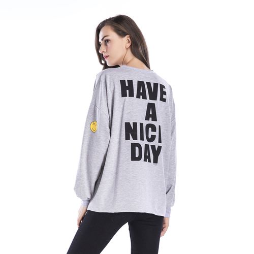 Letter Smiley Printed  Spring Loose Round Neck Casual Shirt Women T Shirts