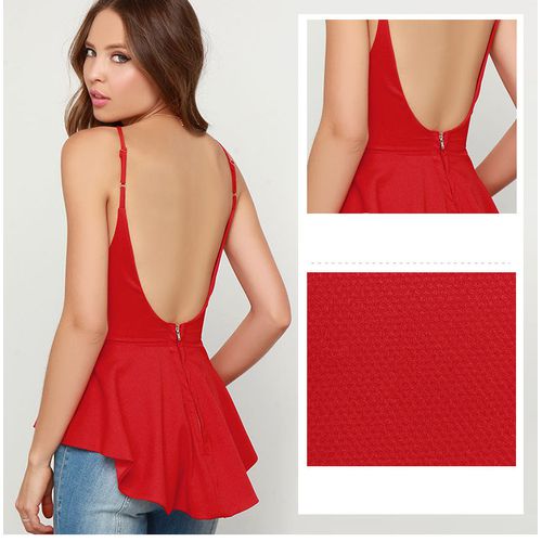 Sexy Hanging Neck Exposed Back Front Short Rear Long Frilled Tuxedo Women Sling Tank Top