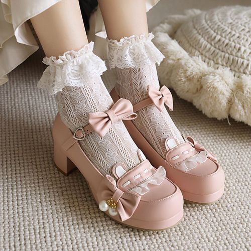 Women Chunky Heel Pumps Mary Janes Pricess Shoes with Bowtie
