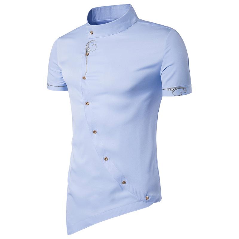 Men's Hollow Out Personality Helical Placket Pointed Hem Tuxedo Short Sleeves Stand-Up Collar Shirts