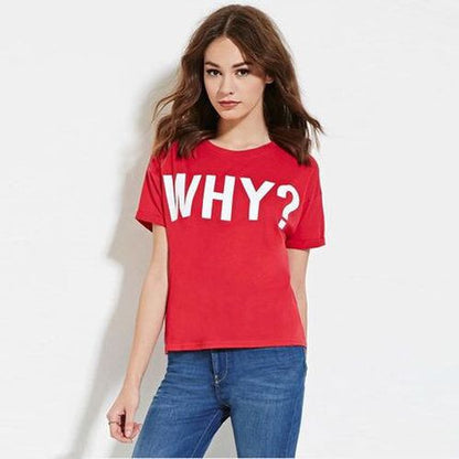 WHY Letter Printed Red Shirt Loose Short Sleeve Women T Shirts