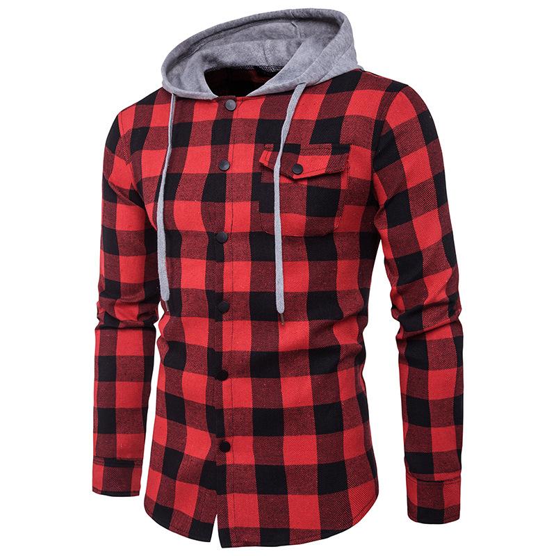 Men's Specialty Plaid Fashion Hooded Chest Pocket Decor Casual Hooded Cowboy Shirts