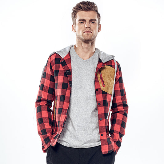 Men's Plaid Suede Pocket Casual Hooded Jackets