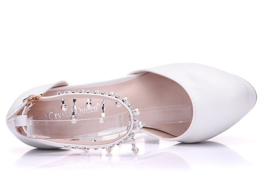 Women Rhinestone Beads Ankle Strap Bridal Wedding Stiletto Heel Platform Sandals