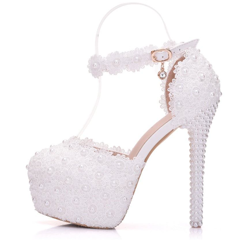 Women Lace Pearls Stiletto Heel Bridal Wedding Platform Sandals