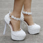 Women Peep Toe Lace Pearl Bridal Wedding Stiletto Heel Platform Sandals
