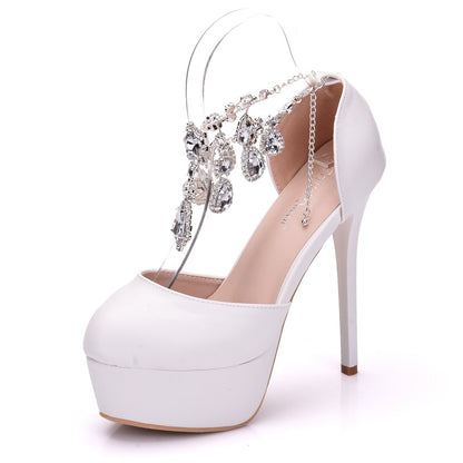 Women Rhinestone Tassel Ankle Strap Stiletto Heel Bridal Wedding Platform Sandals