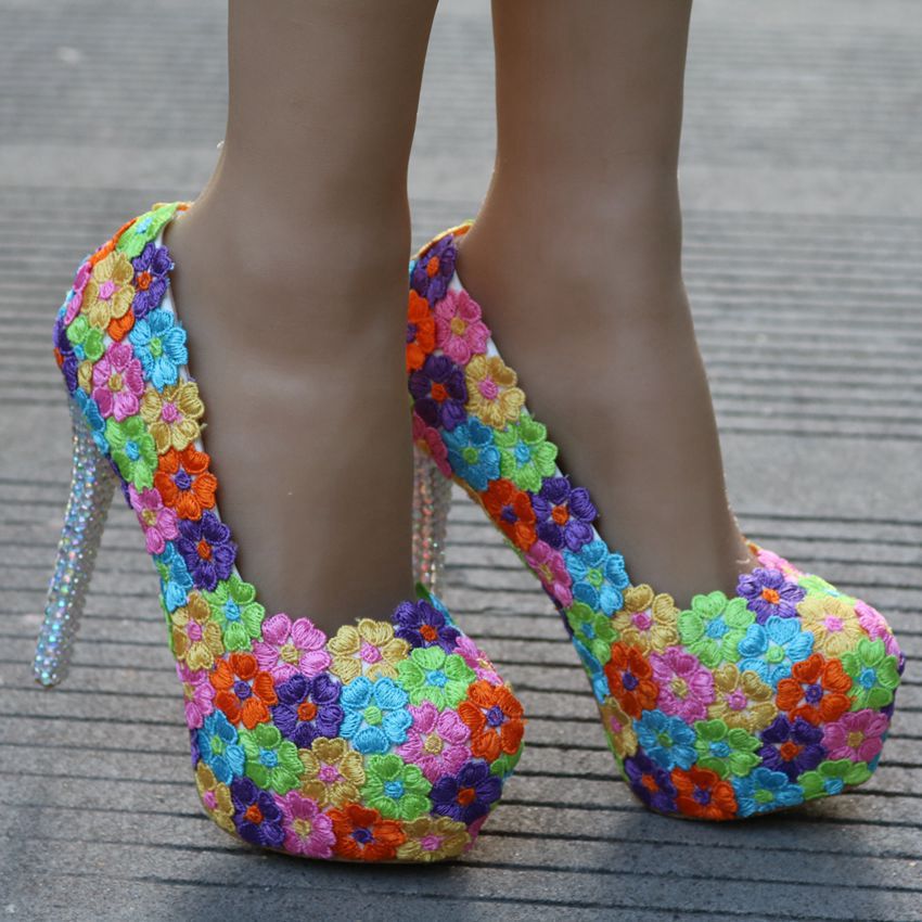 Women Round Toe Colorful Lace Bridal Stiletto Heel Platform Pumps Wedding Shoes