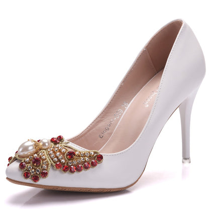 Women Pearls Colorful Rhinestone Butterfly Stiletto Heel Pumps Wedding Shoes