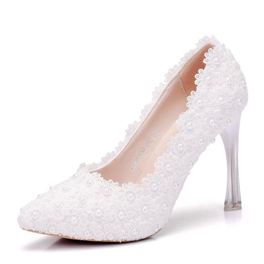 Women Pointed Toe Lace Crystal Stiletto Heel Wedding Pumps