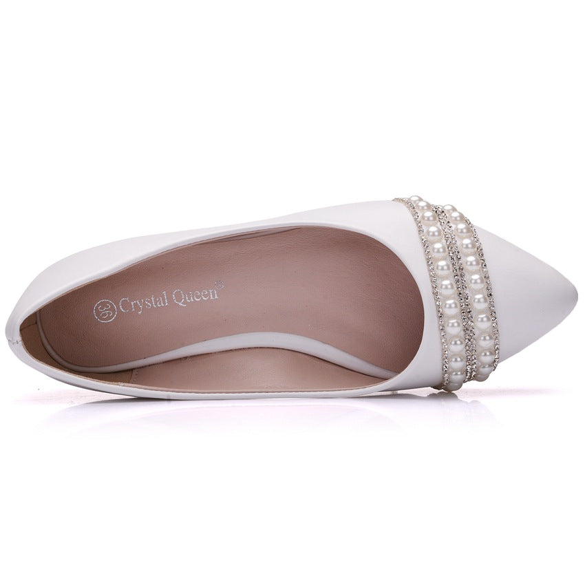 Women Pointed Toe Shallow Tassel Pearls Rhinestone Bridal Wedding Shoes Flats