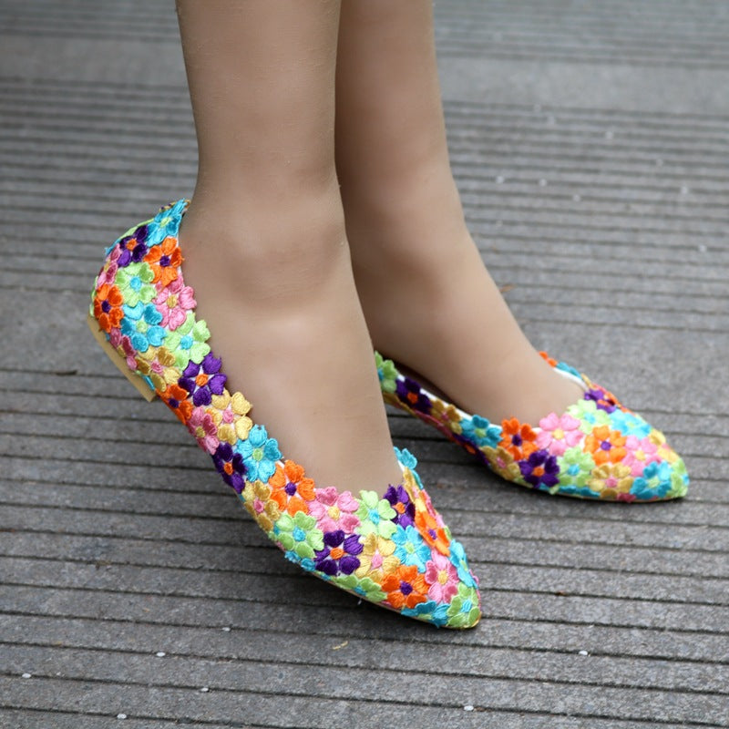 Women Pointed Toe Shallow Colorful Lace Flora Bridal Wedding Flat Shoes