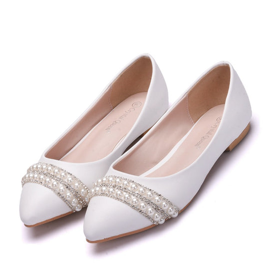 Women Pointed Toe Shallow Tassel Pearls Rhinestone Bridal Wedding Shoes Flats