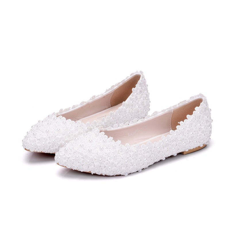Women Pointed Toe Shallow Wedding Lace Flora Pearls Flats
