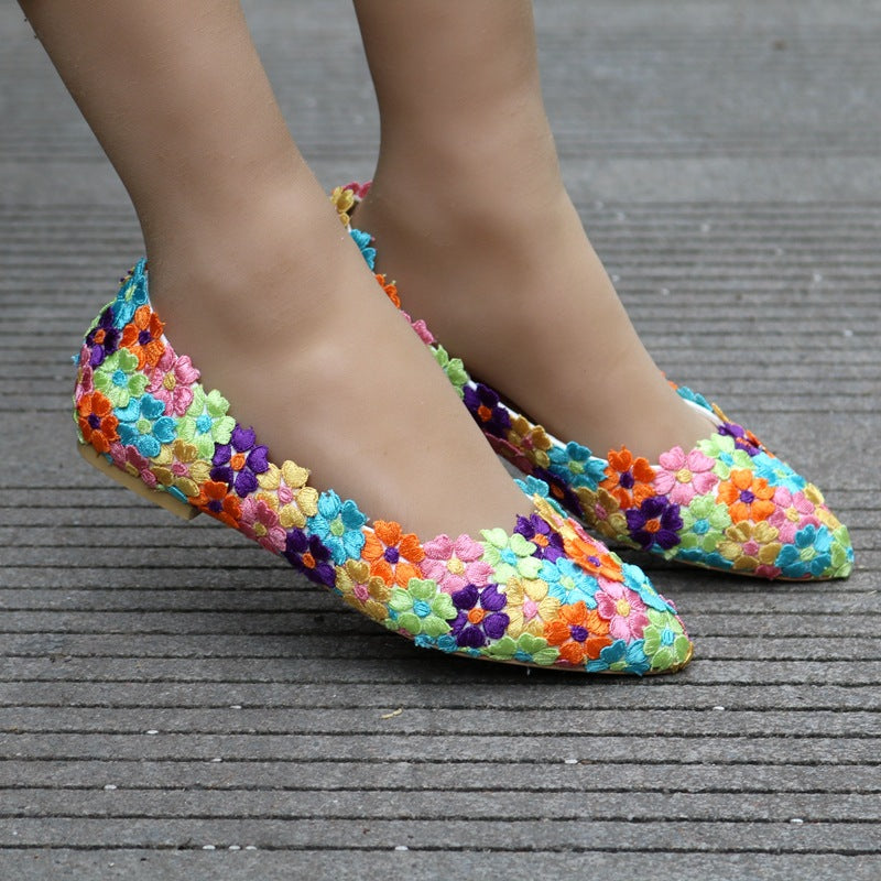 Women Pointed Toe Shallow Colorful Lace Flora Bridal Wedding Flat Shoes