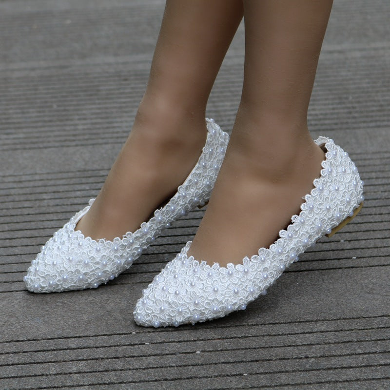 Women Pointed Toe Shallow Wedding Lace Flora Pearls Flats