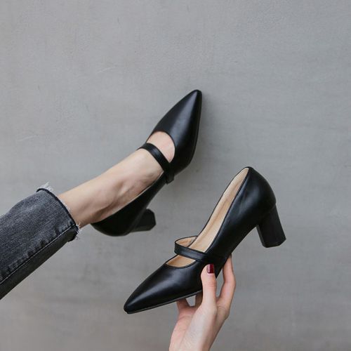 Women Pointed Toe Pearl High Heel Chunky Pumps
