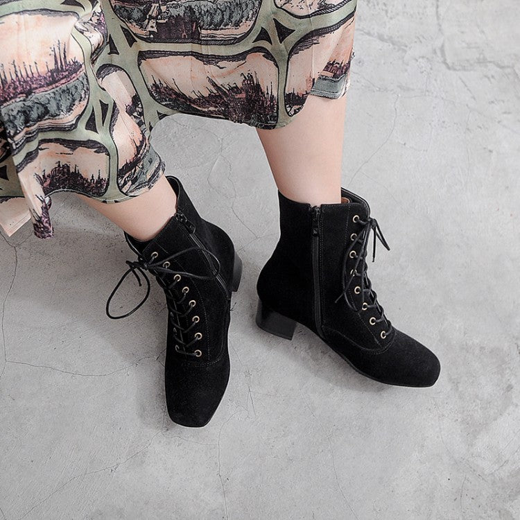 Lace Up Side Zip Short Boots Square Heel 7150