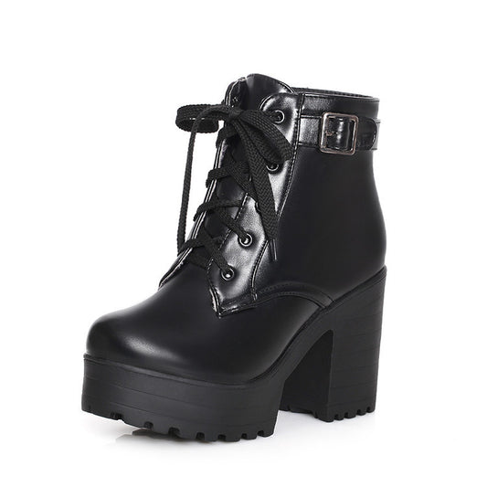 Lace Up Buckle Chunky Heel Motorcycle Boots for Women 7883