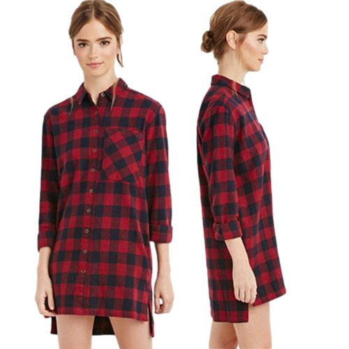 Casual Plaid Spring Slimming Straight Cylinder Medium Long Women Blouses