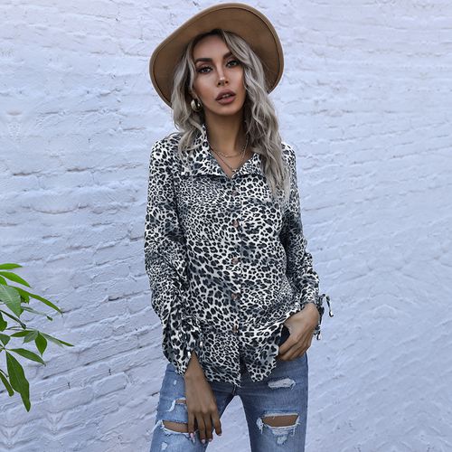 Womens Leopard Print Shirt Long Sleeved Single-breasted Blouse