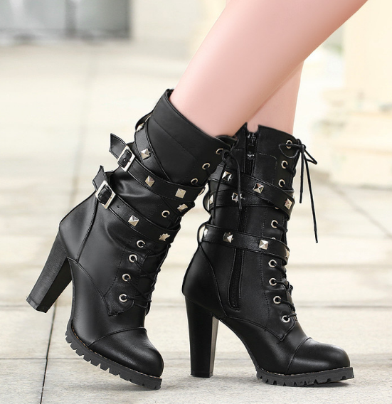 Round Toe Mid Calf Boots Zipper Lace Up Motorcycle Boots Women Shoes ...