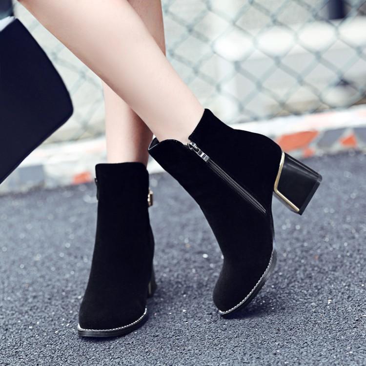 Black Ankle Boots with Zipper Buckle Low Heel Women Shoes 76115250