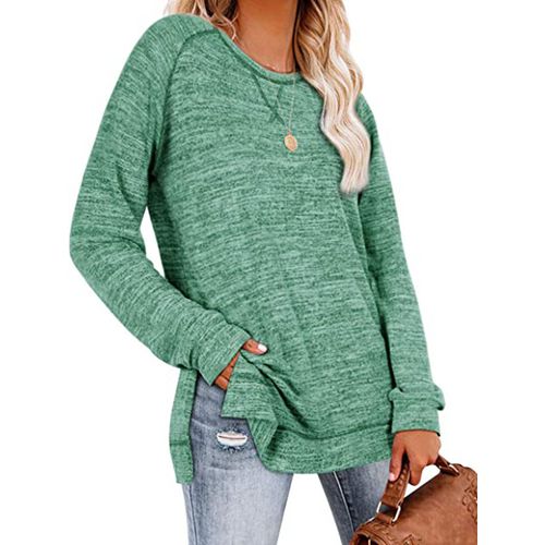 Womens Solid Color Round Neck Pullover Long Sleeved Top