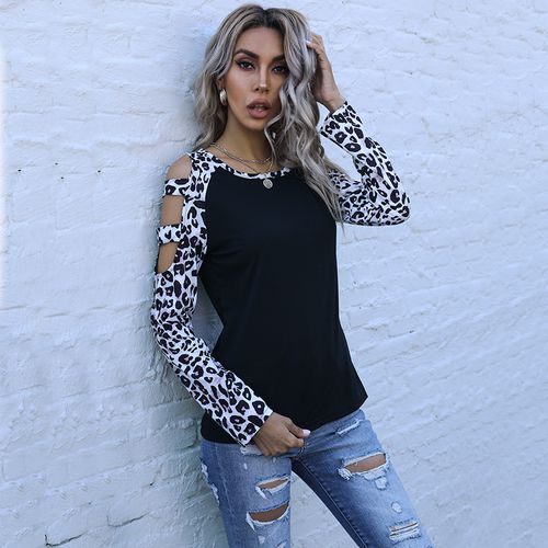 Leopard Print Off-the-shoulder Hollow Top Womens Round Neck Bottoming T Shirt