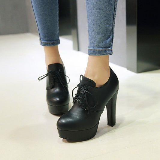 Women Platform Pumps Lace Up High Heels Black White Beige Shoes Woman 3552